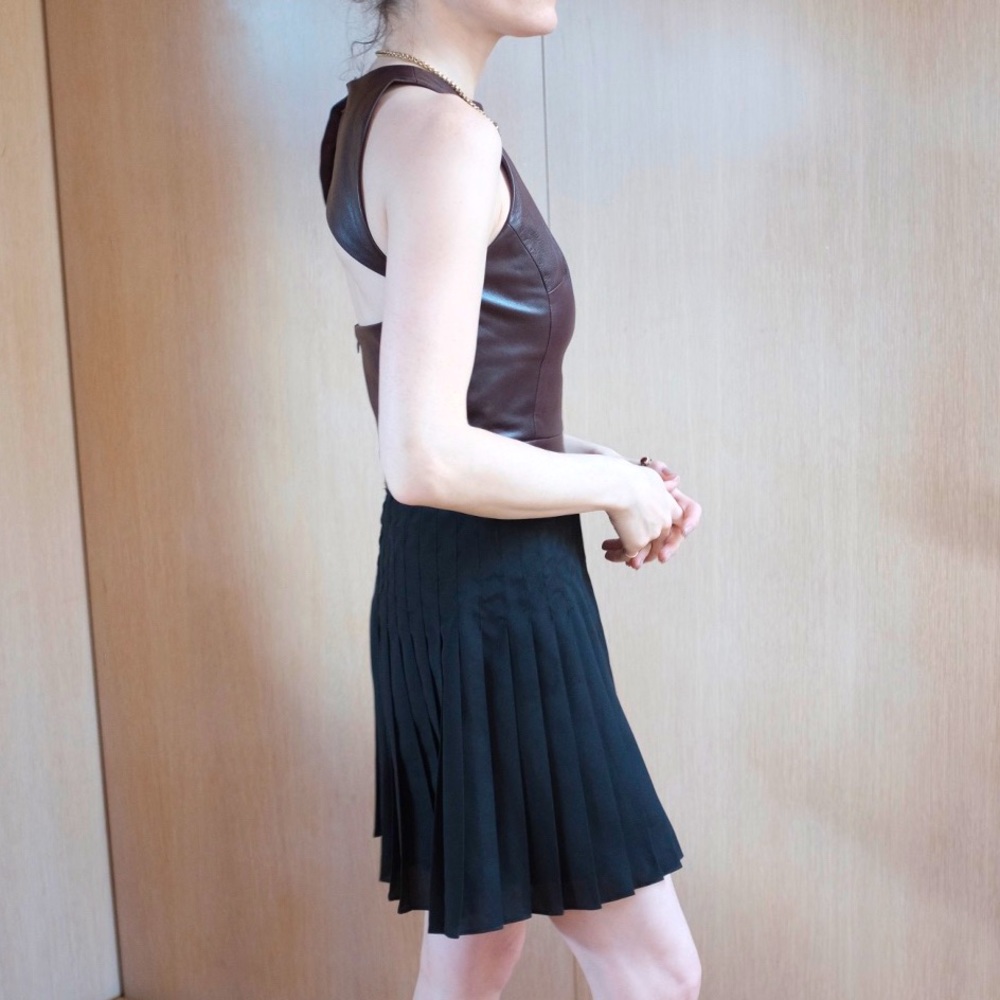 WAI MING LAMB LEATHER PLEATED MINI DRESS WITH OPEN BACK
